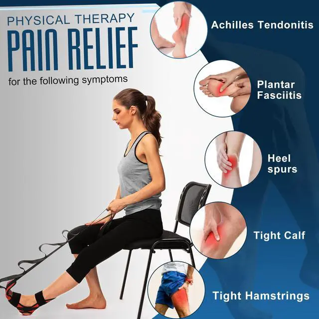 Alt view image 2 of 7 - Foot Calf stretcher for Plantar Fasciitis, Achilles Tendonitis, Heel Spurs, Drop Foot. Yoga Stretching Strap for Leg, Thigh and Hamstring (Red)