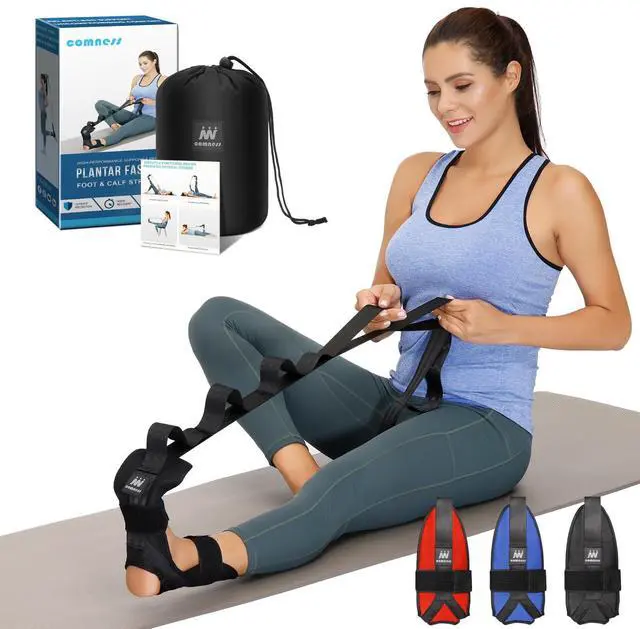 Main image of Foot and Calf Stretcher-Stretching Strap For Plantar Fasciitis, Heel Spurs, Foot Drop, Achilles Tendonitis & Hamstring. Yoga Foot & Leg Stretch Strap. (Black)