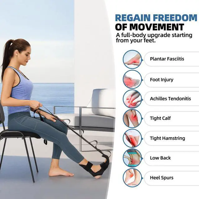 Alt view image 2 of 7 - Foot and Calf Stretcher-Stretching Strap For Plantar Fasciitis, Heel Spurs, Foot Drop, Achilles Tendonitis & Hamstring. Yoga Foot & Leg Stretch Strap. (Black)