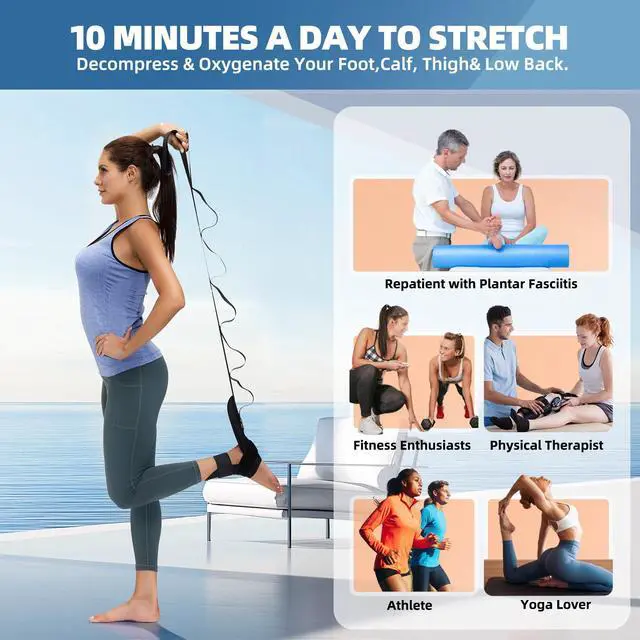 Alt view image 3 of 7 - Foot and Calf Stretcher-Stretching Strap For Plantar Fasciitis, Heel Spurs, Foot Drop, Achilles Tendonitis & Hamstring. Yoga Foot & Leg Stretch Strap. (Black)