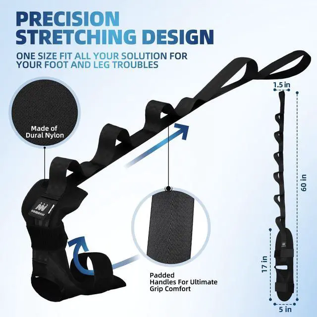 Alt view image 5 of 7 - Foot and Calf Stretcher-Stretching Strap For Plantar Fasciitis, Heel Spurs, Foot Drop, Achilles Tendonitis & Hamstring. Yoga Foot & Leg Stretch Strap. (Black)