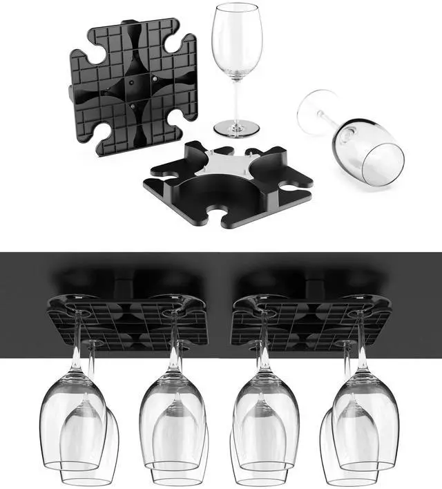 Main image of Wine Glass Holder Under Cabinet, Wine Glass Rack Fit for Storing wine glasses Under Shelf, Table, Desk, Bar Counter, Stemware Rack Fixed by Screw or Adhesive (Black)