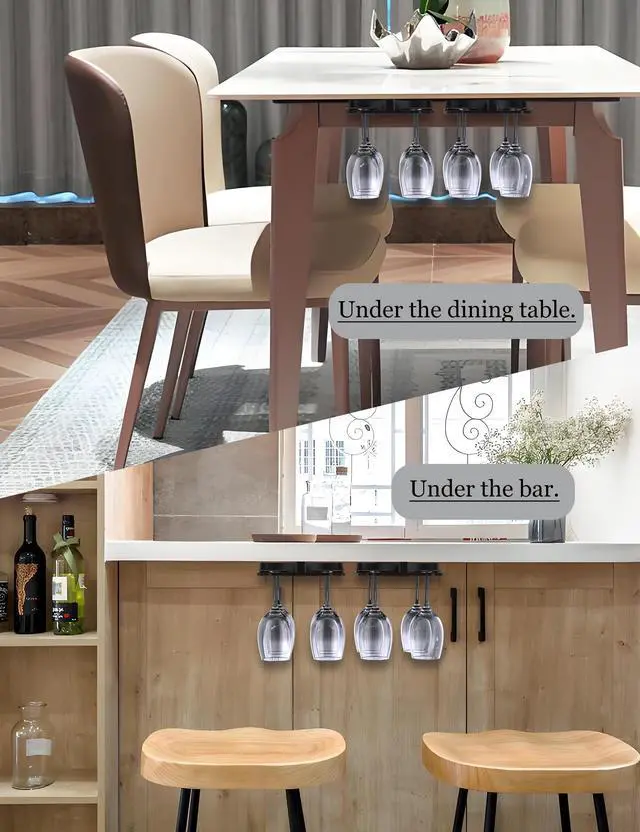 Alt view image 6 of 7 - Wine Glass Holder Under Cabinet, Wine Glass Rack Fit for Storing wine glasses Under Shelf, Table, Desk, Bar Counter, Stemware Rack Fixed by Screw or Adhesive (Black)