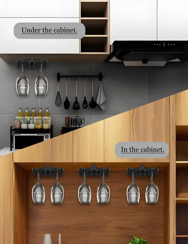 Alt view image 5 of 7 - Wine Glass Holder Under Cabinet, Wine Glass Rack Fit for Storing wine glasses Under Shelf, Table, Desk, Bar Counter, Stemware Rack Fixed by Screw or Adhesive (Black)