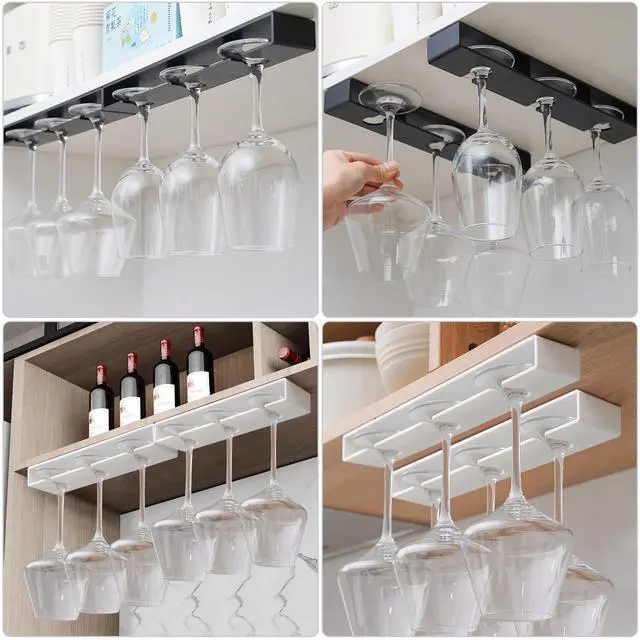 Alt view image 7 of 7 - 2Pack Wine Glass Holder Under Cabinet Shelf,Plastic Wine Glass Rack Stemware Drying Storage Hanger for Kitchen,Bar and Restaurant(Black)