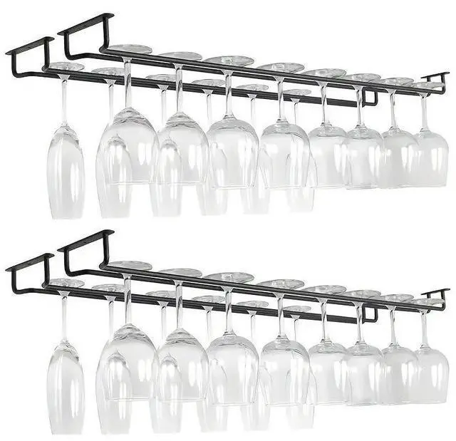 Main image of 2 Pack Black Wine Glass Rack, 14 Inch Under Cabinet Stemware Holder, Wall Mounted Iron Wine Glass Hanging Rack for Shelf, Kitchen, Bar, Wine Cellar Storage, Organizer, Display