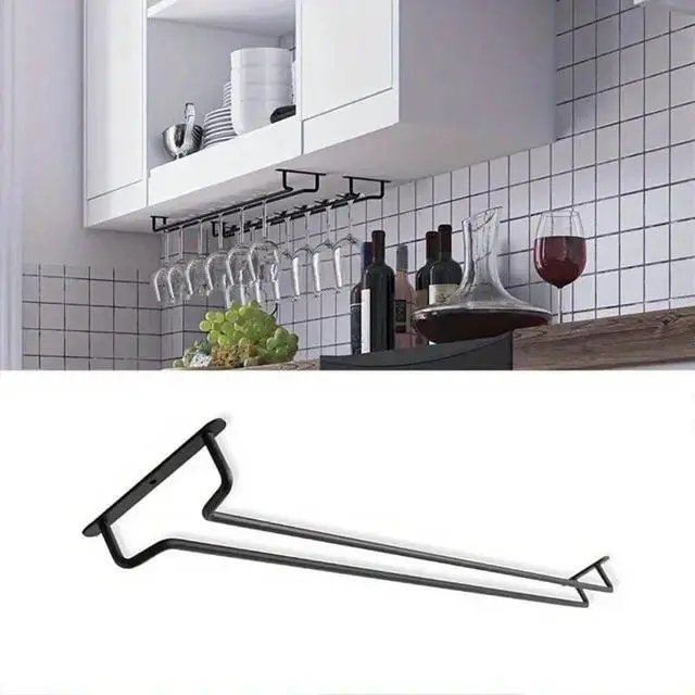 Alt view image 2 of 5 - 2 Pack Black Wine Glass Rack, 14 Inch Under Cabinet Stemware Holder, Wall Mounted Iron Wine Glass Hanging Rack for Shelf, Kitchen, Bar, Wine Cellar Storage, Organizer, Display