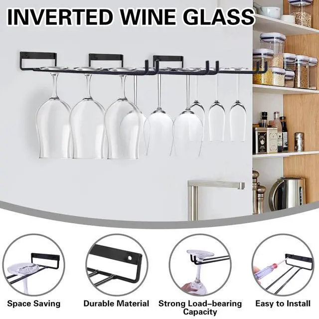 Alt view image 3 of 7 - Baowenbei 11.8 Inch Wine Glass Rack - Set of 4 Stemware Hanging Rack, Metal Wine Glass Holder for Under Cabinet Organization and Storage