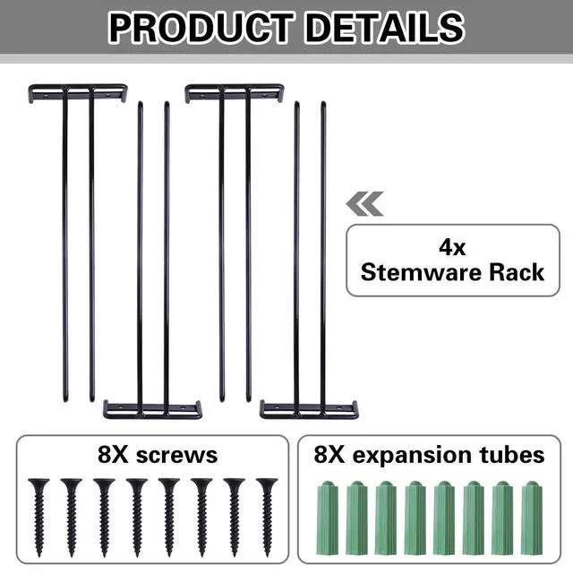 Alt view image 7 of 7 - Baowenbei 11.8 Inch Wine Glass Rack - Set of 4 Stemware Hanging Rack, Metal Wine Glass Holder for Under Cabinet Organization and Storage