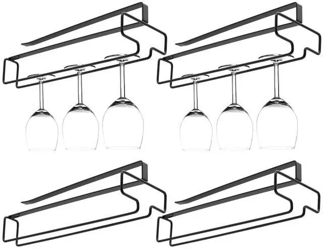 Main image of 4PCS Wine Glass Holder, Stemware Rack Hanger Under Cabinet, Hanging Glass Storage Rack Organizer for Kitchen Bar, Black