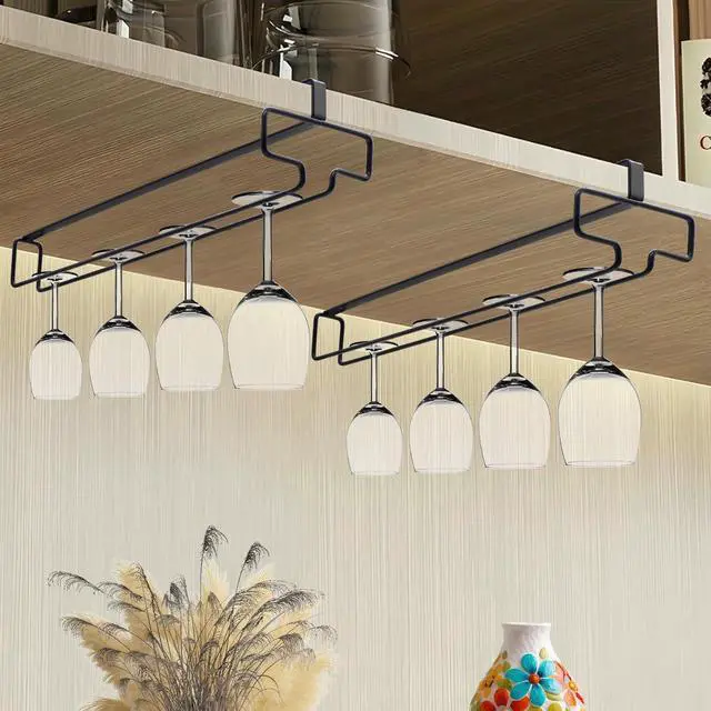 Alt view image 4 of 7 - 4PCS Wine Glass Holder, Stemware Rack Hanger Under Cabinet, Hanging Glass Storage Rack Organizer for Kitchen Bar, Black