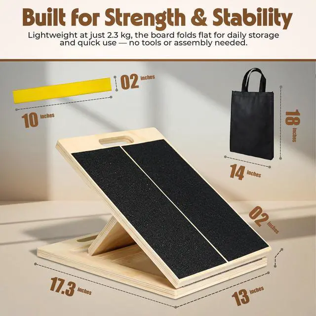 Alt view image 2 of 7 - Slant Board for Plantar Fasciitis & Achilles Relief Adjustable Wooden Incline Calf Stretcher for Ankle, Knee & Foot Therapy Portable Stretch Board with Carry Bag & Loop Band
