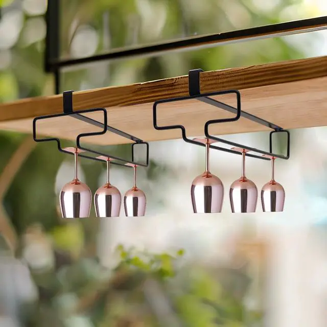 Alt view image 5 of 7 - 4PCS Wine Glass Holder, Stemware Rack Hanger Under Cabinet, Hanging Glass Storage Rack Organizer for Kitchen Bar, Black