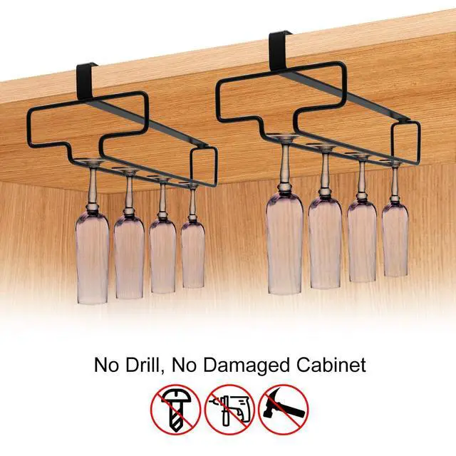 Alt view image 7 of 7 - 4PCS Wine Glass Holder, Stemware Rack Hanger Under Cabinet, Hanging Glass Storage Rack Organizer for Kitchen Bar, Black