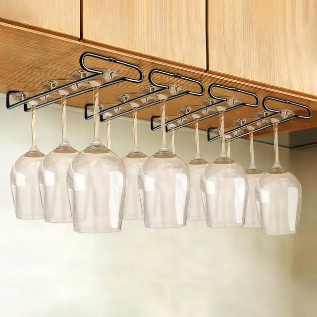 Main image of Set of 4 Cabinet Stemware Rack 10 Inch Under Shelf Wine Glass Holder Storage Hanger Organizer for Kitchen and Bar (Black)