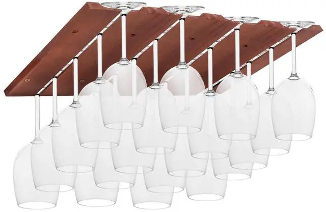 Main image of 4-Section Adjustable Wine Cup Holder, Wooden Wine Glass Holder and Glassware Holder Installed Under Cabinets or Countertops, Bar Storage Container, Pine Wood, 11 x 17 x 0.7 Inches, Wine Red