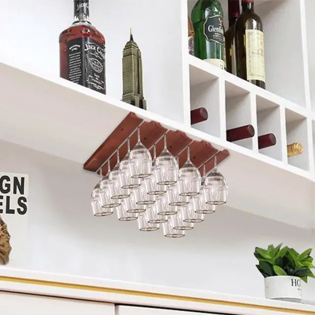 Alt view image 3 of 7 - 4-Section Adjustable Wine Cup Holder, Wooden Wine Glass Holder and Glassware Holder Installed Under Cabinets or Countertops, Bar Storage Container, Pine Wood, 11 x 17 x 0.7 Inches, Wine Red