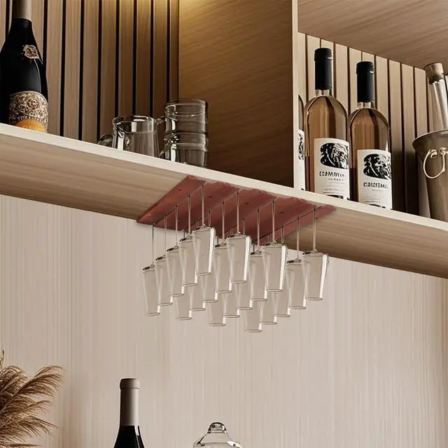 Alt view image 7 of 7 - 4-Section Adjustable Wine Cup Holder, Wooden Wine Glass Holder and Glassware Holder Installed Under Cabinets or Countertops, Bar Storage Container, Pine Wood, 11 x 17 x 0.7 Inches, Wine Red