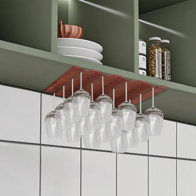 Alt view image 6 of 7 - 4-Section Adjustable Wine Cup Holder, Wooden Wine Glass Holder and Glassware Holder Installed Under Cabinets or Countertops, Bar Storage Container, Pine Wood, 11 x 17 x 0.7 Inches, Wine Red