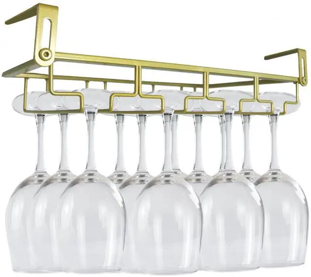 Main image of Adjustable Under Cabinet Stemware Holder - Metal Wine Glass Hanger Organizer for Kitchen, Bar, Shelf - Rustproof Hanging Storage Rack for 6-8 Glasses - Space Saving Decor (Gold, 4 Rows)