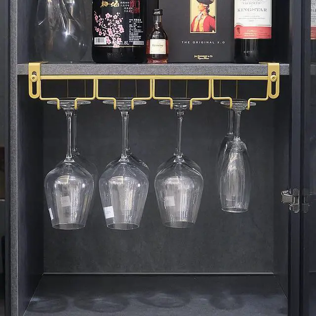 Alt view image 2 of 7 - Adjustable Under Cabinet Stemware Holder - Metal Wine Glass Hanger Organizer for Kitchen, Bar, Shelf - Rustproof Hanging Storage Rack for 6-8 Glasses - Space Saving Decor (Gold, 4 Rows)