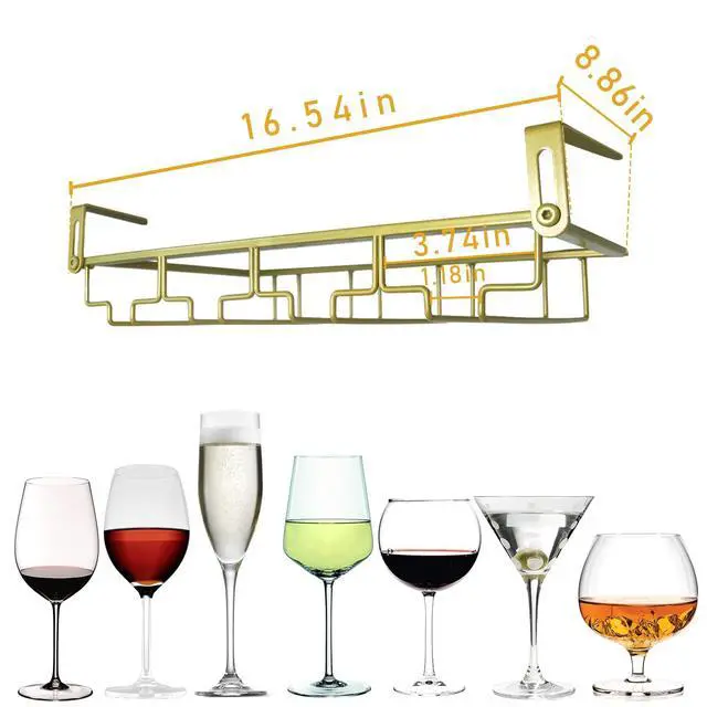 Alt view image 3 of 7 - Adjustable Under Cabinet Stemware Holder - Metal Wine Glass Hanger Organizer for Kitchen, Bar, Shelf - Rustproof Hanging Storage Rack for 6-8 Glasses - Space Saving Decor (Gold, 4 Rows)