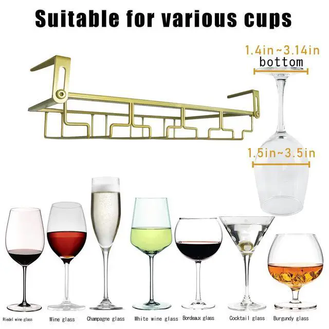 Alt view image 4 of 7 - Adjustable Under Cabinet Stemware Holder - Metal Wine Glass Hanger Organizer for Kitchen, Bar, Shelf - Rustproof Hanging Storage Rack for 6-8 Glasses - Space Saving Decor (Gold, 4 Rows)