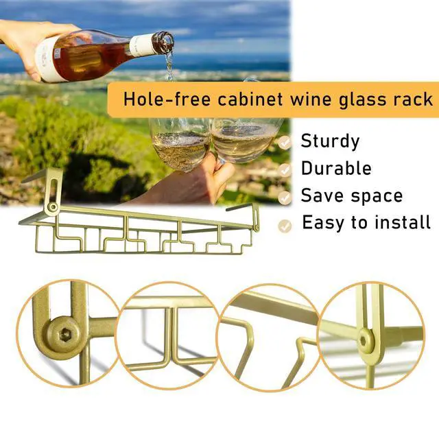 Alt view image 6 of 7 - Adjustable Under Cabinet Stemware Holder - Metal Wine Glass Hanger Organizer for Kitchen, Bar, Shelf - Rustproof Hanging Storage Rack for 6-8 Glasses - Space Saving Decor (Gold, 4 Rows)