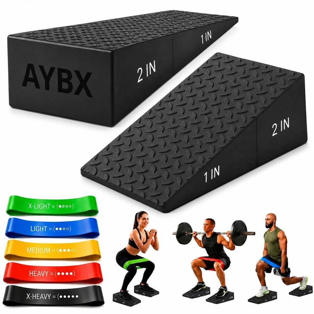 Main image of Squat Wedge Block | 2 PCs Non Slip Rubber Heel Elevated squat wedge for strength Training and Deep Squats| slant board for squats to improve ankle mobility with 5 resistance band