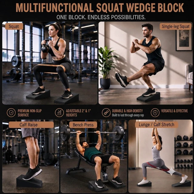 Alt view image 3 of 7 - Squat Wedge Block | 2 PCs Non Slip Rubber Heel Elevated squat wedge for strength Training and Deep Squats| slant board for squats to improve ankle mobility with 5 resistance band