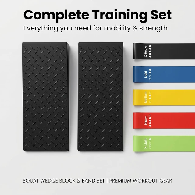 Alt view image 6 of 7 - Squat Wedge Block | 2 PCs Non Slip Rubber Heel Elevated squat wedge for strength Training and Deep Squats| slant board for squats to improve ankle mobility with 5 resistance band
