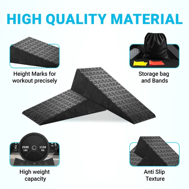 Alt view image 4 of 7 - .Squat wedge, pack of 2, 1500 LBS Capacity, 1" & 2" Heel Elevated Squat wedge block of calf stretching & Physical Therapy, Foot Workout Wedge, Ankle Mobility, Portable Heavy Duty Blocks