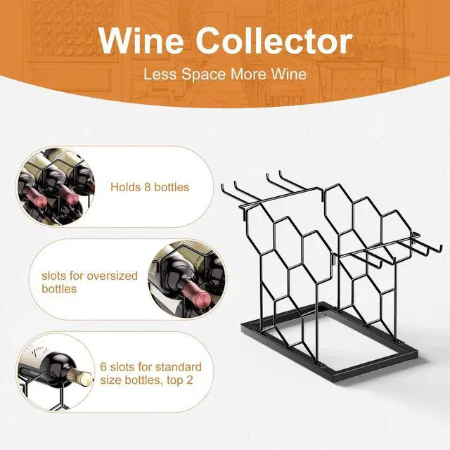 Alt view image 3 of 7 - Countertop Wine Rack 3 Tier, Wine Rack with Glass Holder 8 Bottles, Freestanding Small Liquor Holder Metal, Tabletop Bottle Storage Stand for for Home, Kitchen, Bar, Cellar (Black, 8 Bottles)