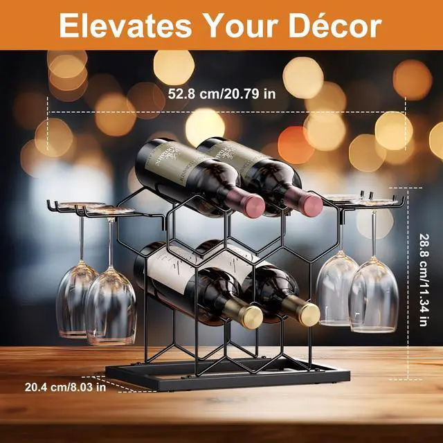 Alt view image 5 of 7 - Countertop Wine Rack 3 Tier, Wine Rack with Glass Holder 8 Bottles, Freestanding Small Liquor Holder Metal, Tabletop Bottle Storage Stand for for Home, Kitchen, Bar, Cellar (Black, 8 Bottles)