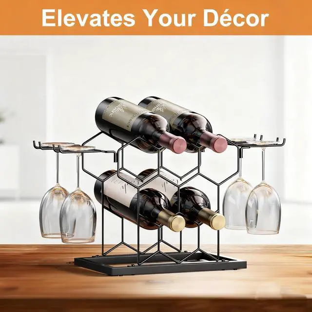Alt view image 6 of 7 - Countertop Wine Rack 3 Tier, Wine Rack with Glass Holder 8 Bottles, Freestanding Small Liquor Holder Metal, Tabletop Bottle Storage Stand for for Home, Kitchen, Bar, Cellar (Black, 8 Bottles)