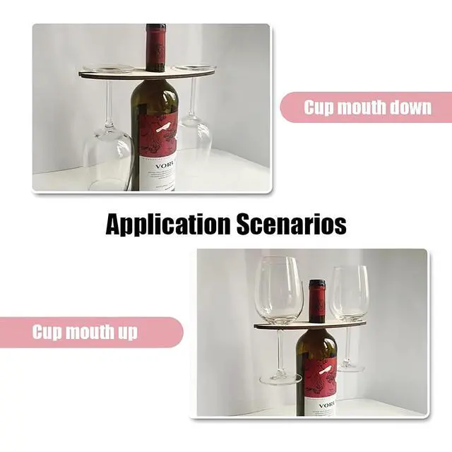 Alt view image 5 of 7 - 3 Pcs Wooden Wine Rack, Wine Bottle & Glass Holder, Rustic Countertop Stand for 1 Bottle & 2 Glasses, Handcrafted Wooden Counter Organize Supplies for Home Bar, Kitchen and Dining Room Decor