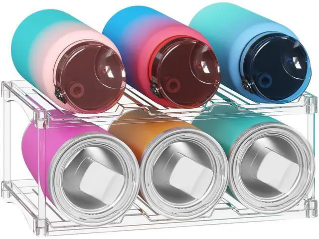 Main image of Stackable Bottle Storage Organizer, Clear Freestanding Wine Holder for Cabinet, Large Slot Water Bottle Tumbler Cup Organizer for Pantry, Plastic Wine Rack for Fridge Cellar, 2Tier Hold 6