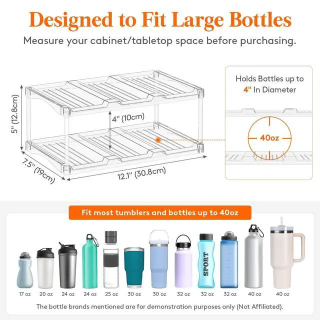 Alt view image 2 of 7 - Stackable Bottle Storage Organizer, Clear Freestanding Wine Holder for Cabinet, Large Slot Water Bottle Tumbler Cup Organizer for Pantry, Plastic Wine Rack for Fridge Cellar, 2Tier Hold 6