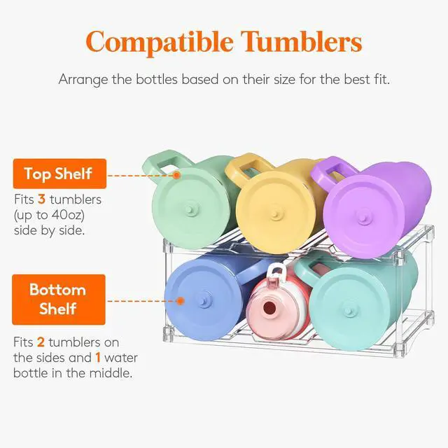 Alt view image 4 of 7 - Stackable Bottle Storage Organizer, Clear Freestanding Wine Holder for Cabinet, Large Slot Water Bottle Tumbler Cup Organizer for Pantry, Plastic Wine Rack for Fridge Cellar, 2Tier Hold 6