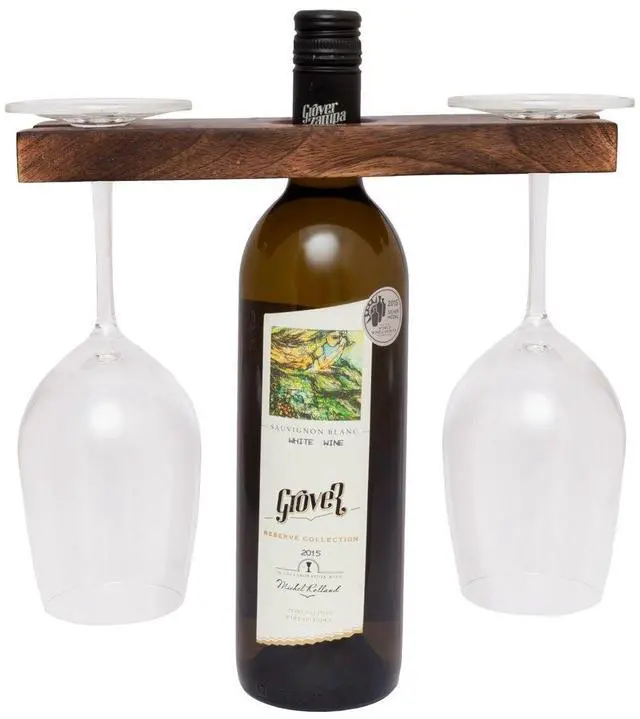 Main image of Handmade Antique Wood Wine Bottle & Glass Holder Rustic Countertop Stand for 1 Bottle & 2 Glasses Vintage Wine Caddy for Home Bar, Kitchen, and Dining Room Décor