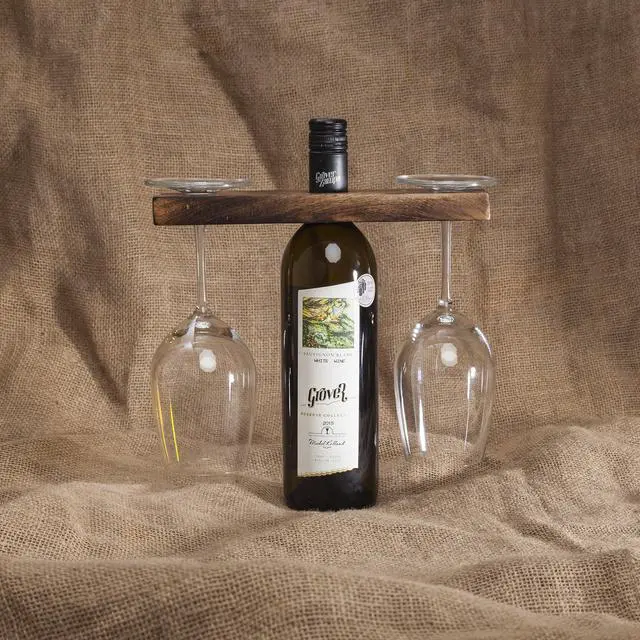Alt view image 4 of 4 - Handmade Antique Wood Wine Bottle & Glass Holder Rustic Countertop Stand for 1 Bottle & 2 Glasses Vintage Wine Caddy for Home Bar, Kitchen, and Dining Room Décor