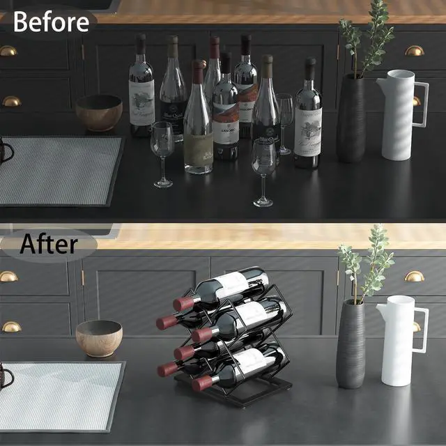 Alt view image 3 of 6 - Countertop Wine Rack, 6 Bottles Wine Storage Capacity, Modern Corner Metal Wine Bottle Holder for Bar, Cabinet, Pantry, Tabletop Wine Racks for Cup and Water Bottle Black