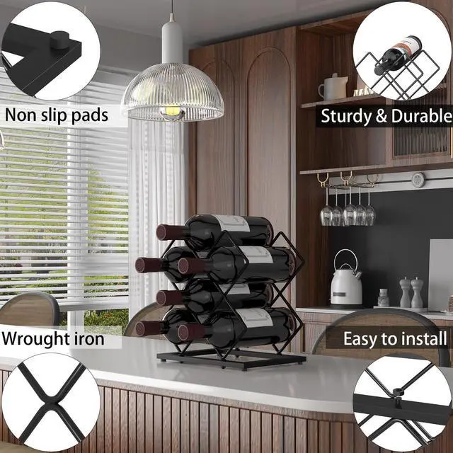 Alt view image 4 of 6 - Countertop Wine Rack, 6 Bottles Wine Storage Capacity, Modern Corner Metal Wine Bottle Holder for Bar, Cabinet, Pantry, Tabletop Wine Racks for Cup and Water Bottle Black