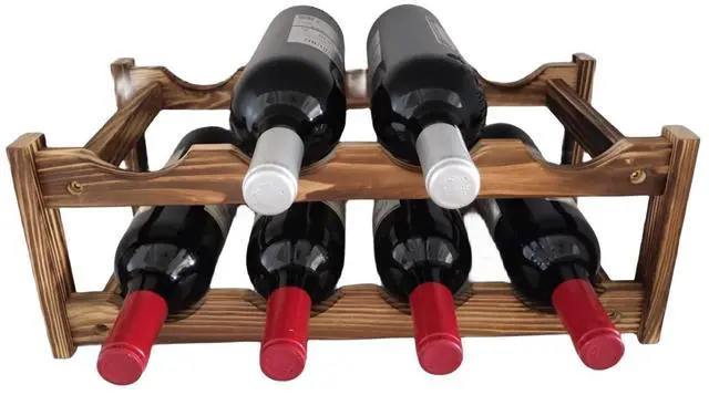 Main image of 8-Bottle Wood Wine Rack - 2-Tier Countertop Wine Bottle Holder for Kitchen, Bar, Pantry, Dining Room | Small Freestanding Stackable Liquor Storage Organizer, Carbonized Pine