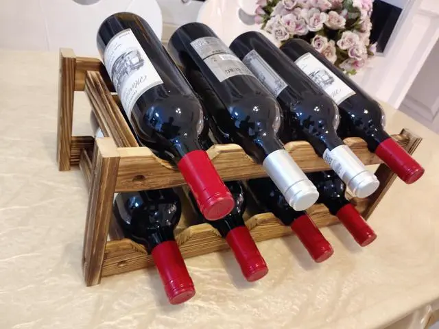 Alt view image 4 of 7 - 8-Bottle Wood Wine Rack - 2-Tier Countertop Wine Bottle Holder for Kitchen, Bar, Pantry, Dining Room | Small Freestanding Stackable Liquor Storage Organizer, Carbonized Pine