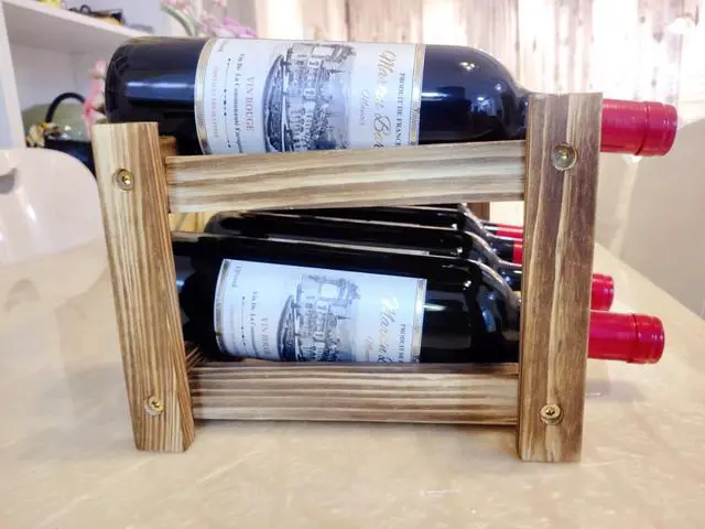 Alt view image 6 of 7 - 8-Bottle Wood Wine Rack - 2-Tier Countertop Wine Bottle Holder for Kitchen, Bar, Pantry, Dining Room | Small Freestanding Stackable Liquor Storage Organizer, Carbonized Pine