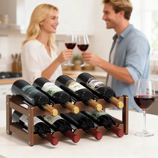 Alt view image 2 of 7 - Wine Rack |Open & 2-Tier Bamboo Wine Holder| Freestanding Floor & Countertop Wine Display-Space-Saving Wooden Wine Storage Shelf for Kitchen, Cabinets,Bar & Dining Room(1, 2-Tiers)