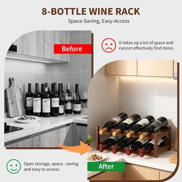 Alt view image 4 of 7 - Wine Rack |Open & 2-Tier Bamboo Wine Holder| Freestanding Floor & Countertop Wine Display-Space-Saving Wooden Wine Storage Shelf for Kitchen, Cabinets,Bar & Dining Room(1, 2-Tiers)