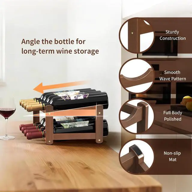 Alt view image 5 of 7 - Wine Rack |Open & 2-Tier Bamboo Wine Holder| Freestanding Floor & Countertop Wine Display-Space-Saving Wooden Wine Storage Shelf for Kitchen, Cabinets,Bar & Dining Room(1, 2-Tiers)