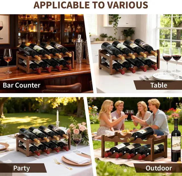 Alt view image 7 of 7 - Wine Rack |Open & 2-Tier Bamboo Wine Holder| Freestanding Floor & Countertop Wine Display-Space-Saving Wooden Wine Storage Shelf for Kitchen, Cabinets,Bar & Dining Room(1, 2-Tiers)